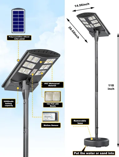 Miniatura 6 de JAYNLT Luces solares de calle de 4000 W para exteriores con poste de 118 pulgadas de alto, 3000 K/4000 K/6500 K 300000 LM, lámparas solares de pie