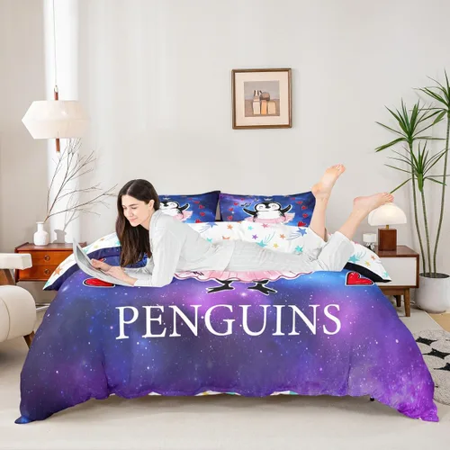 Miniatura 2 de Juego de funda de edredón para niños, diseño de pingüino de dibujos animados, tamaño King, bonito juego de ropa de cama de animales de poste ártico