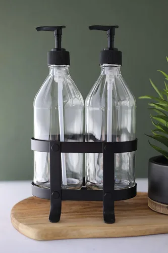 Miniatura 2 de Rail19 Juego de plato de cocina transparente vintage + dispensador de jabón de manos con soporte de metal negro, perfecto para fregadero de cocina