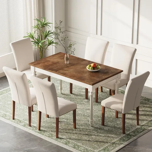 Miniatura 15 de Juego de 2 sillas de comedor de granja, respaldo alto con patas de madera y ribete de cabeza de clavo, silla de comedor de tela moderna