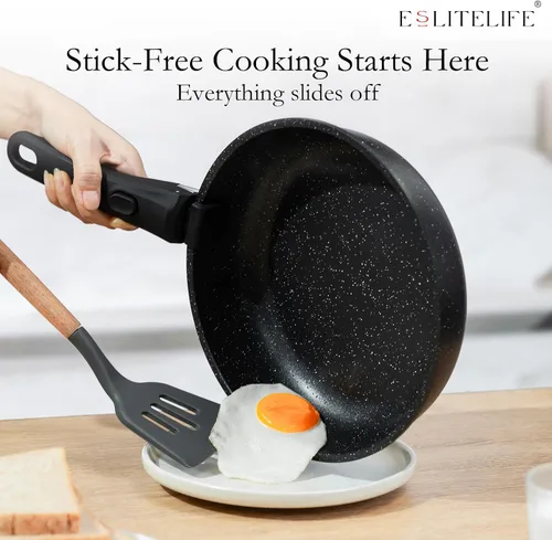 Miniatura 5 de ESLITE LIFE Juego de sartenes antiadherentes de cerámica con tapas y mango desmontable, sartenes de cocina no tóxicas para tortilla de huevo, Negro