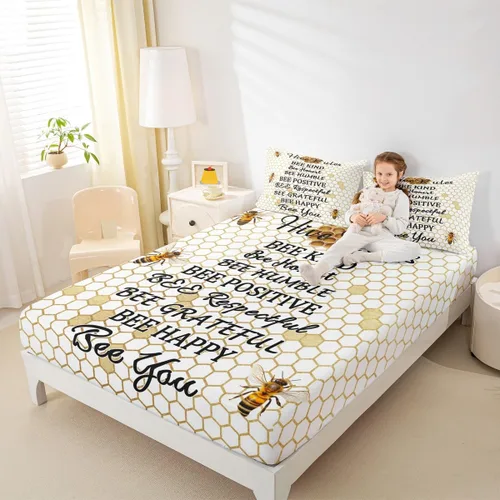 Miniatura 6 de Juego de ropa de cama de nido de abeja, sábana bajera ajustable de abeja para niños y niñas, diseño geométrico de vida silvestre voladora, juego