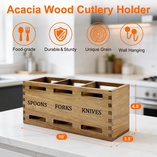 Miniatura 5 de Organizador de cubiertos de madera de granja, soporte para cubiertos de madera de acacia, para encimera de cocina, organizador de cubiertos, cuchara