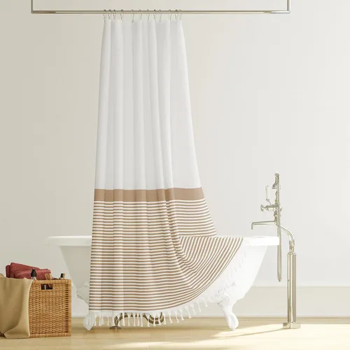 Miniatura 7 de Cortina de ducha Dynamene de tela color beige, cortina de ducha rústica/bohemia a rayas con borlas para baño, juego de cortinas de tela texturizada