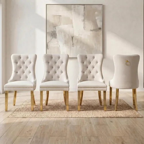 Miniatura 62 de OVENTA Juego de 6 sillas de comedor modernas tapizadas copetudas, sillas de comedor de terciopelo beige cálido con patas de madera maciza, sillas