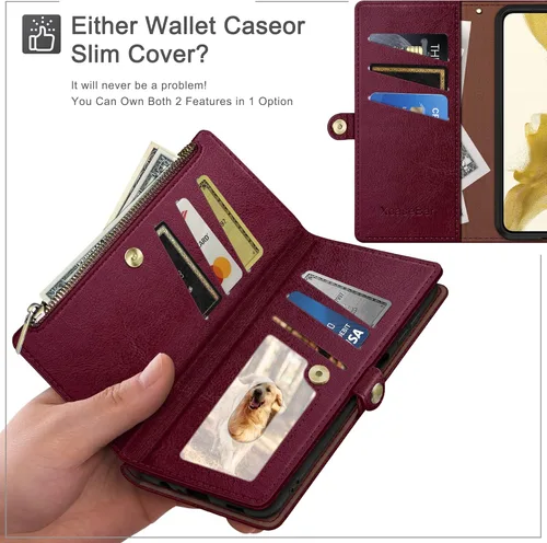 Miniatura 3 de XcaseBar Funda tipo cartera para Samsung Galaxy S23 Ultra con cremallera【Bloqueo RFID】 Soporte para tarjeta de crédito, libro de folio con tapa Rojo
