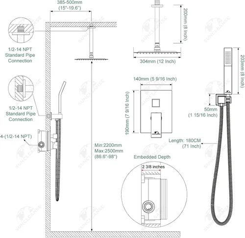 Miniatura 8 de SunCleanse juego de grifos con regadera tipo lluvia en oro cepillado, juego combinado para baño con cabezal de alta presión de 25.4 cm con válvulas