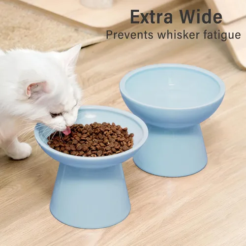 Miniatura 6 de CEEFU 2 tazones elevados de cerámica para gatos extra anchos para alimentos y agua – Tazón poco profundo para fatiga de bigotes, sin plomo ni Azul