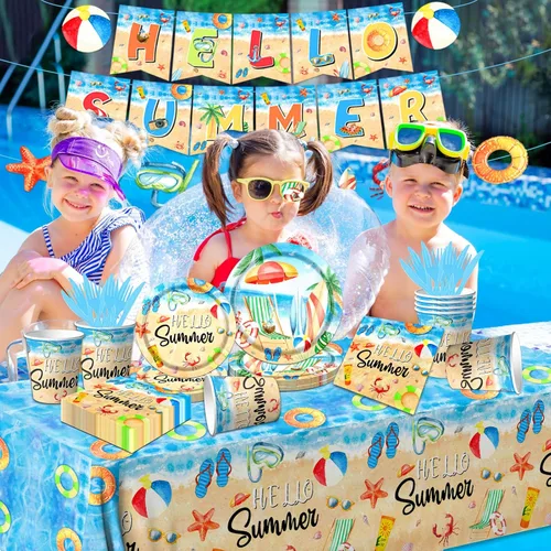 Miniatura 3 de Hola Decoraciones de Fiesta de Verano - Juego de 142 Piezas de Platos y Servilletas de Papel para Fiesta en la Playa y la Piscina, Vajilla Temática