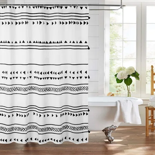 Uphome - Cortina de ducha boho de color negro y blanco, juego de cortinas de tela con ganchos, diseño geométrico triangular elegante para baño,
