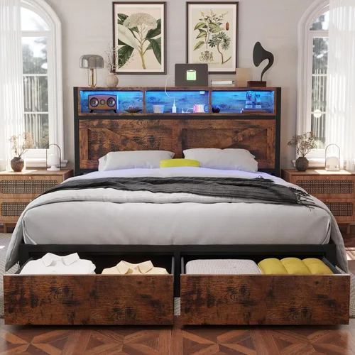 Marco de cama matrimonial de estilo granja con cabecera de estantería y cajones de almacenamiento, luces LED y estación de carga, no necesita Marrón