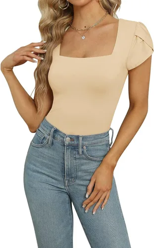 Miniatura 2 de PINKMSTYLE Body de manga corta con cuello cuadrado para mujer, camiseta básica casual de verano