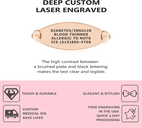 Miniatura 2 de Divoti Pulseras de alerta médica para mujer, pulsera de identificación médica de filigrana de oro rosa PVD grabada personalizada, con malla
