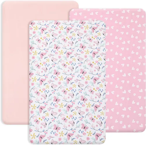 Miniatura 45 de PHF 3 paquetes de sábanas de cuna suaves, sábanas bajeras florales rosa transpirables y cómodas para niñas, ajuste universal sin deslizamiento