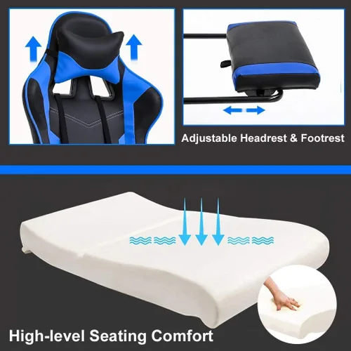Miniatura 5 de Silla de juegos de PC ergonómica con función de masaje azul, silla de oficina resistente, soporte lumbar con reposabrazos reposapiés