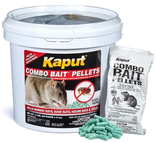Cebo combinado en pellets Kaput, cebo para ratas para matar roedores y pulgas, ratones noruegos, ratones caseros y topos de pino - Incluye warfarina