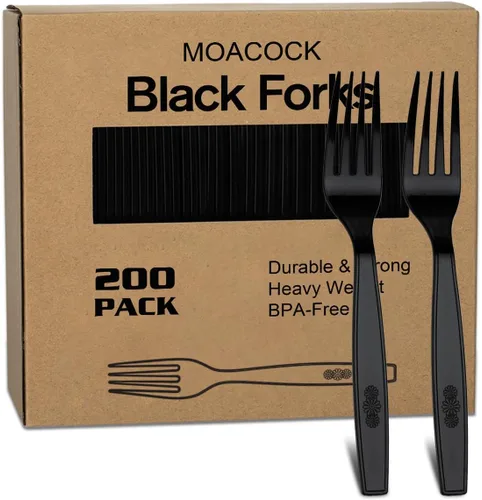 MOACOCK 200 tenedores de plástico negro, tenedores de plástico resistentes, juego de tenedores desechables para suministros de fiesta de boda, uso
