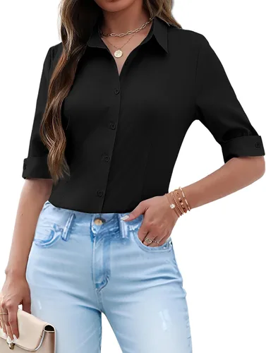 Miniatura 12 de Zeagoo - Camisas con botones para mujer, manga de 3/4, blusas de vestir, casual de negocios, cuello Oxford, tops
