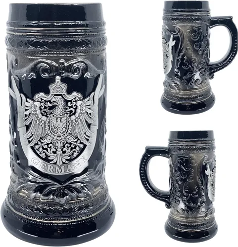 Miniatura 3 de Essence of Europe Gifts OktoberfestHaus - Vaso de cerveza de cerámica con emblema de metal Bier Krug de 0,6 litros (águila) alemán (águila)