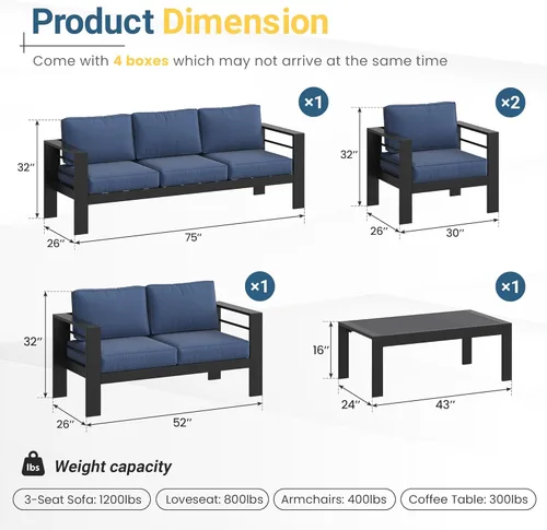 Miniatura 2 de Solaste Juego de muebles de patio de aluminio para todo tipo de clima, moderno juego de muebles de metal para exteriores con asientos profundos