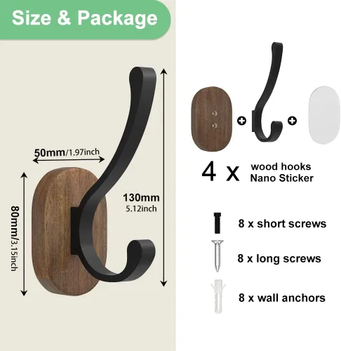 Miniatura 6 de Ganchos de Pared para Colgar Abrigos - Paquete de 4 Ganchos de Pared Montados, Ganchos de Madera para Pared, Bussdis Ganchos Metálicos Individuales