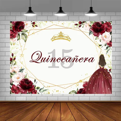 Miniatura 4 de Telón de fondo de feliz cumpleaños número 15 de 7 x 5 pies para niña, quinceañera, fondo de flores rojas burdeos, corona dorada, decoración