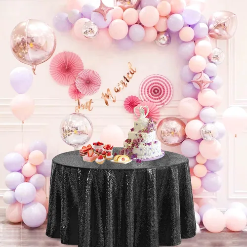 Miniatura 8 de Pufogu Mantel redondo de lentejuelas negras de 50 pulgadas con purpurina negra para decoración de cumpleaños, boda, despedida de soltera, baby