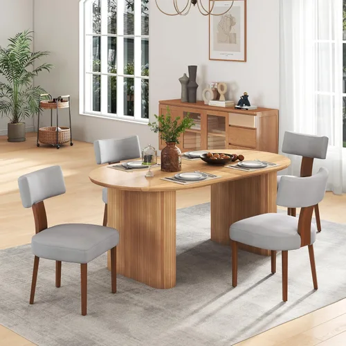Miniatura 21 de Juego de mesa de comedor ovalada extensible de 59 a 90 pulgadas con 4 sillas de comedor con respaldo en T para 4 personas, moderna mesa de comedor