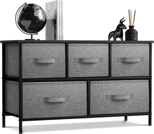 Miniatura 10 de Sorbus - Cómoda con 7 cajones: mueble organizador en torre con marco de acero, parte superior de madera, contenedores de tela fáciles de jalar