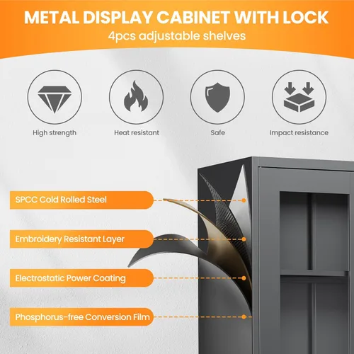 Miniatura 6 de Gabinete de exhibición con bloqueo con puerta de cristal, gabinetes Curio de metal de 71 pulgadas de alto con estantes ajustables, vitrina de licor