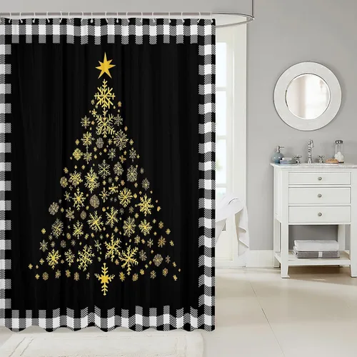 Miniatura 2 de Homewish Cortina de ducha de árbol de Navidad, juego de cortina de ducha de baño con diseño de copo de nieve dorado para niños y adultos, cortina