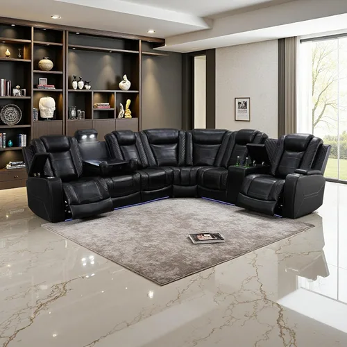 Miniatura 23 de Juegos de Muebles para Sala de Estar, Juego de Sofá Reclinable Eléctrico, Cuero Blanco Vainilla, Seccional de 2 Reclinables con Luz LED