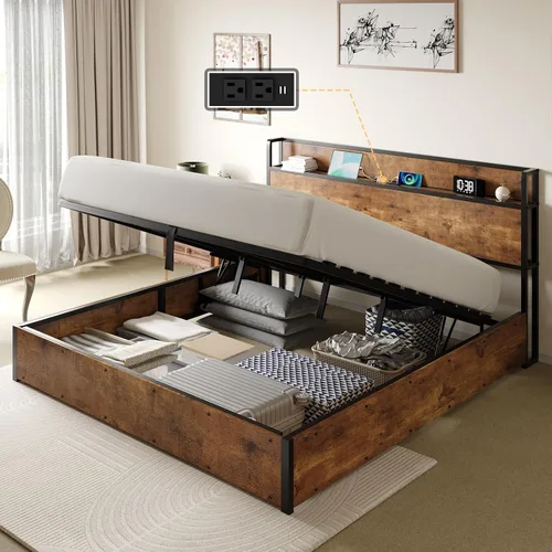 Miniatura 11 de AMERLIFE Marco de Cama de Almacenamiento Elevable Tamaño Completo, Marco de Cama de Plataforma de Madera con Almacenamiento Elevable y Estación