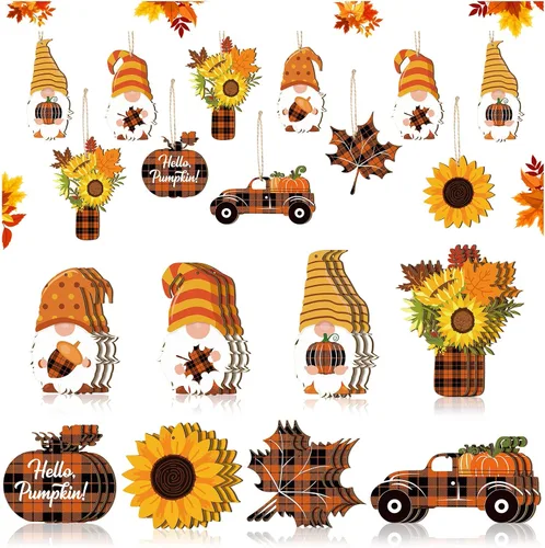 Weysat 24 adornos de otoño para árbol de Acción de Gracias, gnomos de madera, adornos colgantes de gnomos de girasol, decoración de madera para