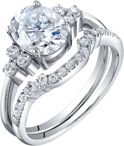 Peora Moissanite - Anillo de compromiso y alianza de boda de corte ovalado en plata de ley, centro de 2 quilates, color DE, claridad VVS, tallas 4 a