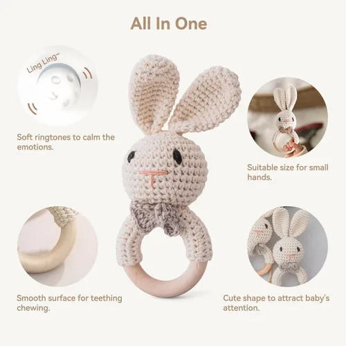 Miniatura 4 de Sonajero de bebé de ganchillo, juguete agitador de bebé, sonajeros de bebé de 0 a 6 meses, juguetes hechos a mano, sonajero de conejo de Pascua