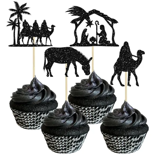 Miniatura 24 de Gyufise 24 piezas Adornos para cupcakes de jengibre de Navidad con purpurina, adornos para cupcakes de jengibre para revelar el género, púas