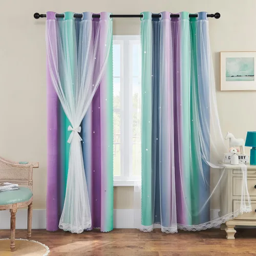 Miniatura 106 de XiDi Cortinas opacas con estrellas para habitaciones de niños, cortinas verdes para ventana de dormitorio de niños, azul y gris, 52 pulgadas de Azul