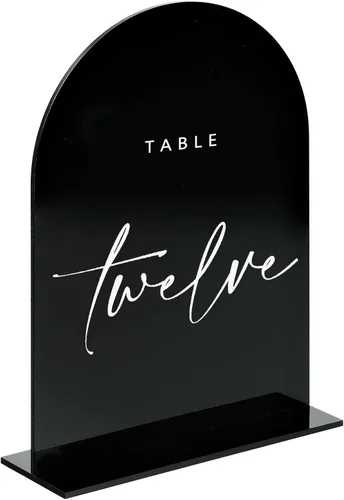 Letrero acrílico negro de arco de 4x6 pulgadas con soporte | Juego de 10 letreros acrílicos arqueados en blanco con base para números de mesa de