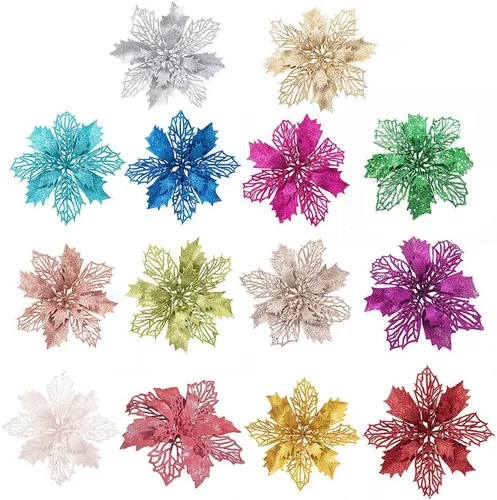 Miniatura 4 de 10 flores artificiales de Navidad de flor de pascua, lentejuelas con purpurina, adornos para árbol de Navidad, decoraciones de flor de pascua