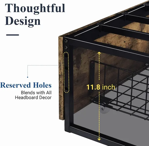 Miniatura 5 de Allewie Cama de almacenamiento industrial con cajones, plataforma de metal de madera, resistente y sin ruido, tamaño matrimonial moderno