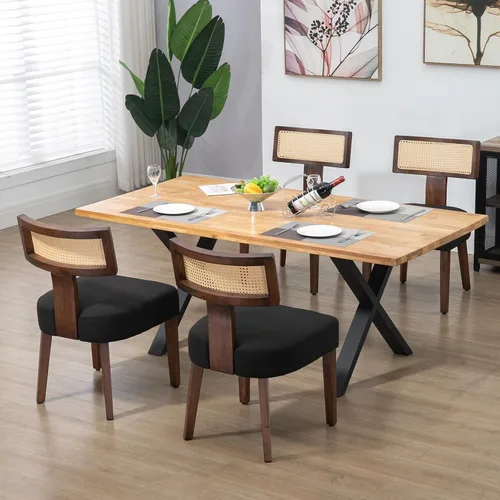 Miniatura 23 de Juego de 4 sillas de comedor, sillas de cocina de tela tapizada en madera, silla acolchada de lino sin brazos con respaldo curvo acentuado