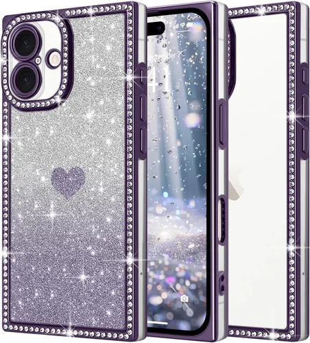 Miniatura 35 de Funda para iPhone 13, funda de diamantes de imitación de lujo con patrón de corazón de amor de cristal [papel con purpurina extraíble], parachoques