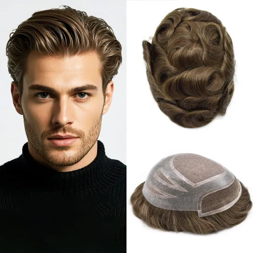 Miniatura 30 de Sistema de cabello frontal de encaje francés para hombres, tupé duradero para hombre, línea capilar natural, fino mono tupé para hombres, protesis