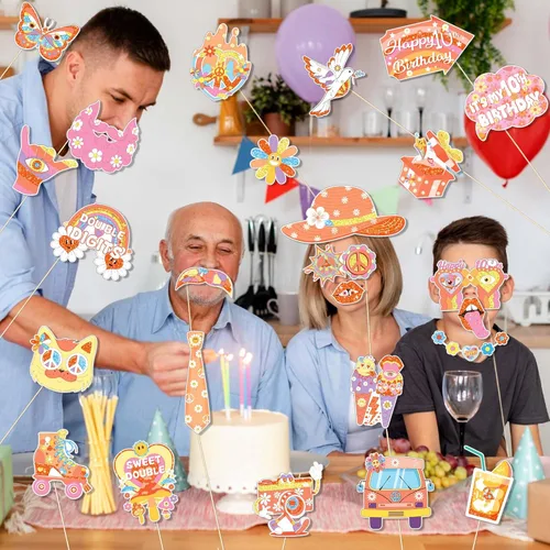 Miniatura 6 de 25 piezas de accesorios para cabina de fotos, decoraciones de fiesta retro boho para niñas, suministros de fiesta temática hippie para baby shower