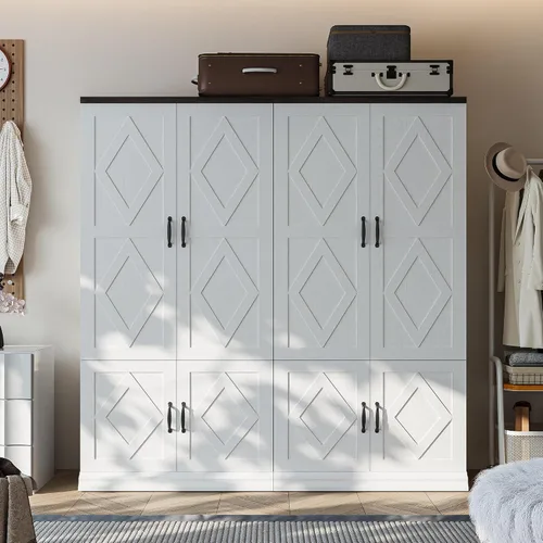 Miniatura 8 de ANCTOR Armario con puertas, armario de madera de 71 pulgadas de alto con 5 estantes de ropa, barra colgante para ropa, armario de almacenamiento