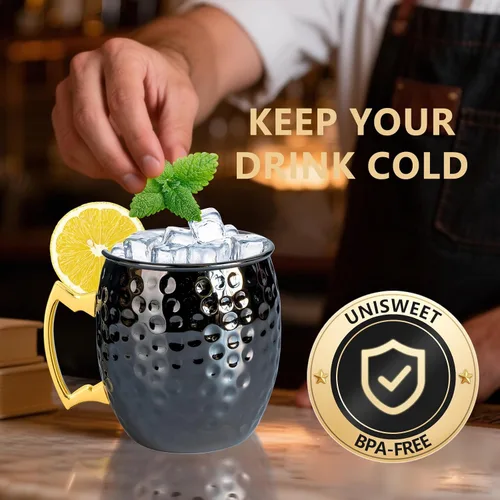 Miniatura 3 de UNISWEET Moscow Mule - Juego de 4 tazas de cobre con acabado martillado pulido, forro de acero inoxidable 304 con mango de cobre dorado, perfecto