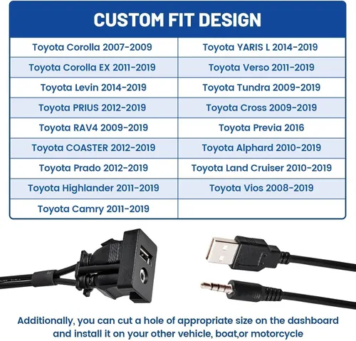 Miniatura 3 de Anina USB AUX Montaje empotrado para Toyota, cable de extensión AUX de 0.138 in para salpicadero de automóvil macho a hembra, adaptador de enchufe
