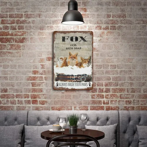 Miniatura 5 de Placa colgante de hierro vintage con diseño de zorro, letrero de hojalata vintage con texto en inglés "Wash Your Paws", letrero de metal para bar