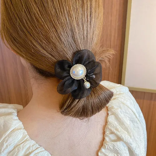 Miniatura 4 de LOVEF Banda elástica de pelo de perlas de flores de moda, accesorio para cola de caballo para damas, mujeres y niñas, juego de 4